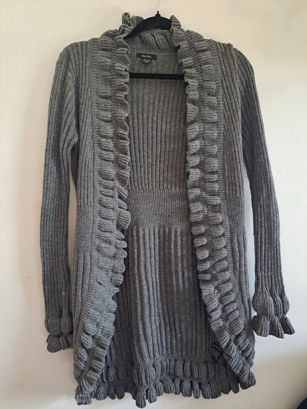Majora Grey Ruffle Ribbed Cardigan – XL – Wool Blend